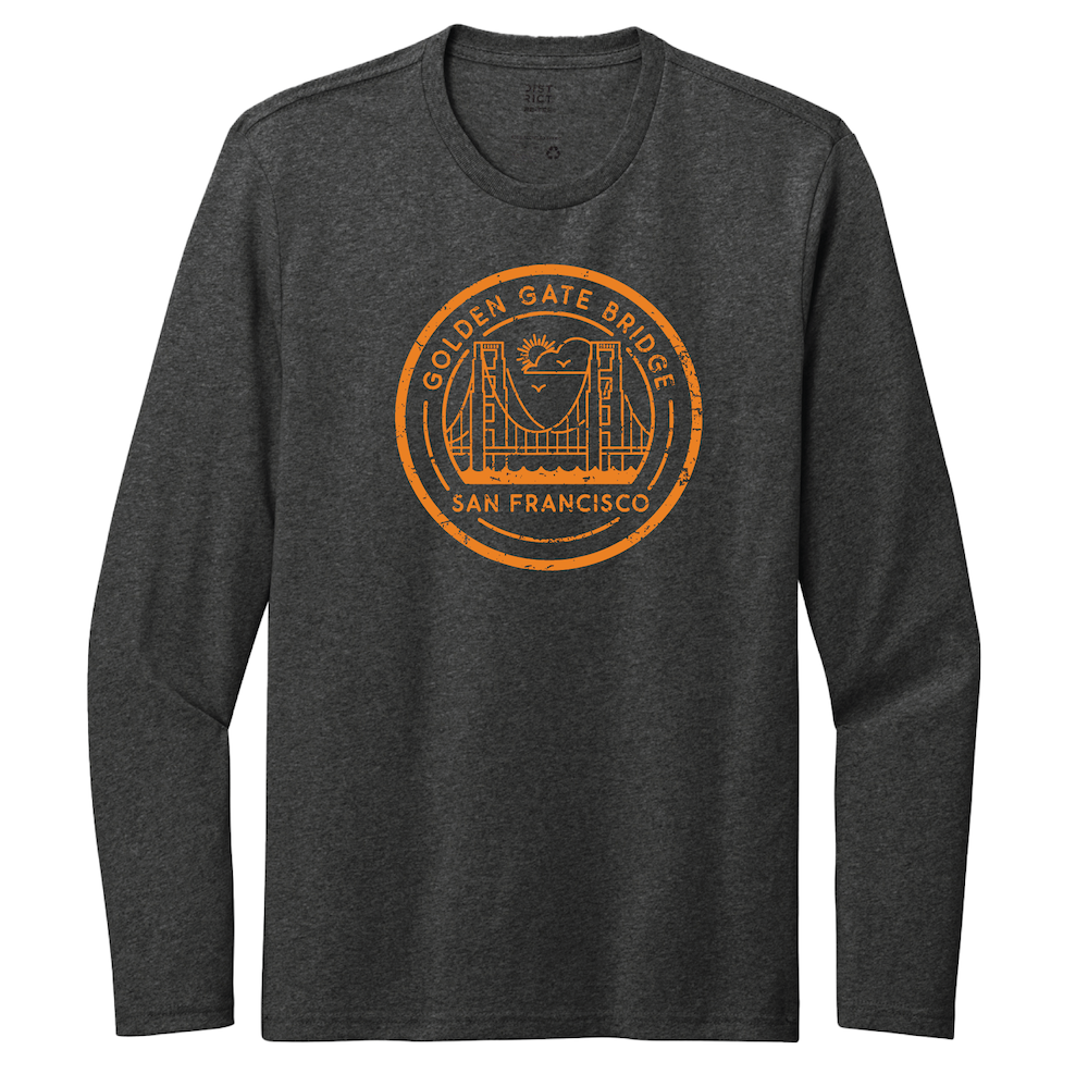 Dark gray long-sleeve shirt with orange Golden Gate Bridge graphic on a white background