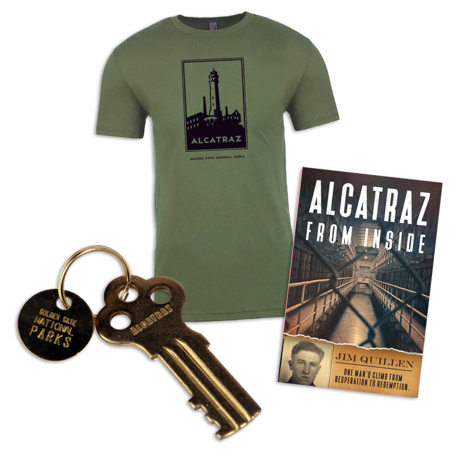 Green Alcatraz crewneck shirt with art by Michael Schwab; brass Alcatraz key with keyring; copy of Jim Quillen's book Alcatraz From Inside