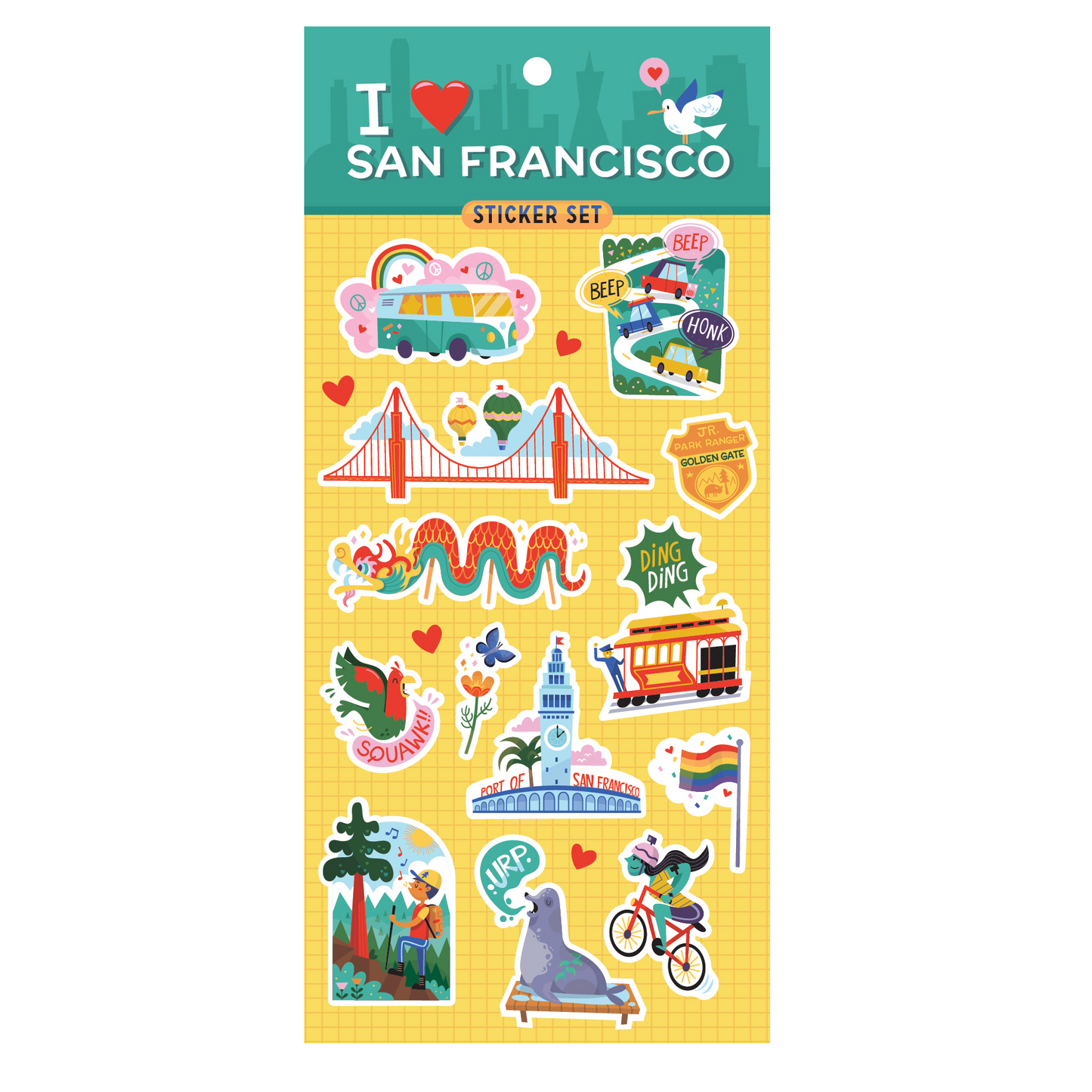 Sticker set with San Francisco-themed designs on a yellow background