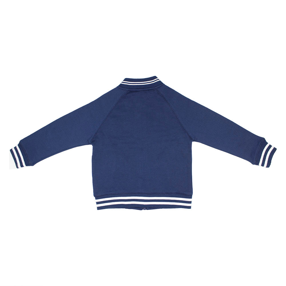Blue kids varsity jacket with white stripes on a white background