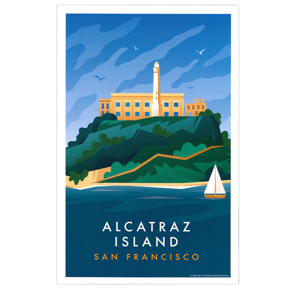 11x17 Alcatraz Island San Francisco print featuring art by Charles House, produced by the Golden Gate National Parks Conservancy. A colorful illustration of the Rock with the waters of San Francisco Bay surrounding.