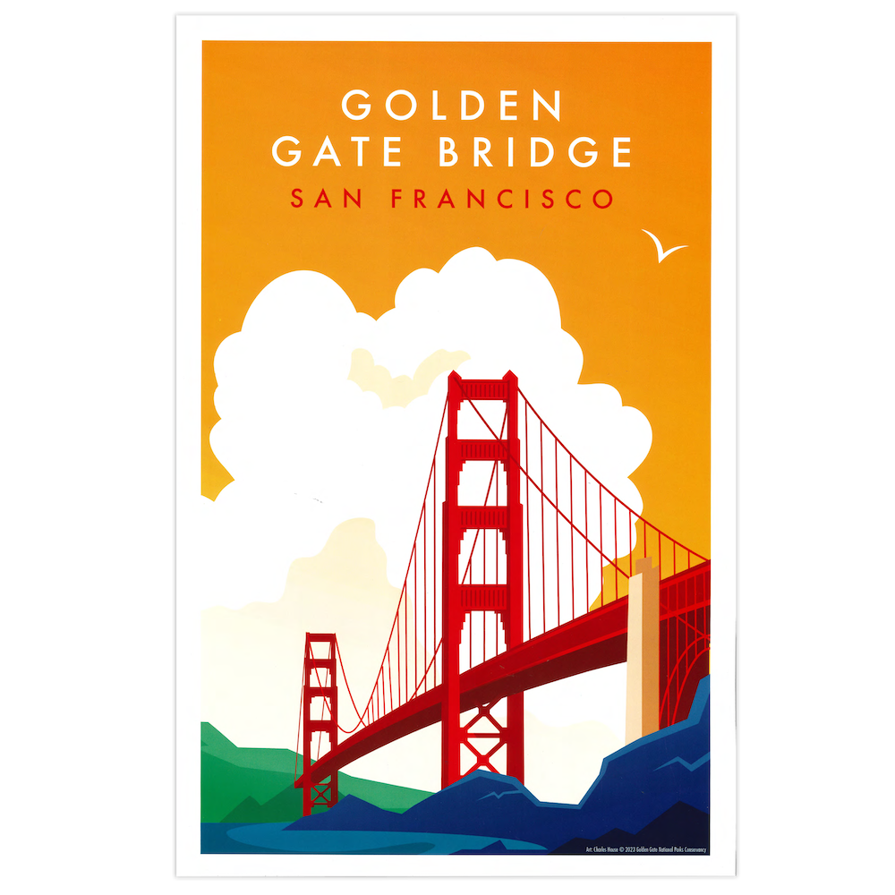 11x17 Golden Gate Bridge San Francisco print featuring art by Charles House, produced by the Golden Gate National Parks Conservancy. A colorful illustration of the Golden Gate Bridge silhouetted against a foggy sky.