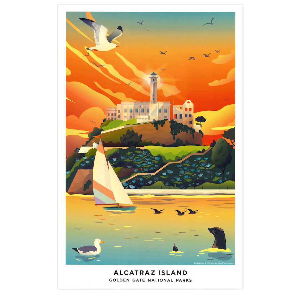 11x17 Alcatraz Island Golden Gate National Parks print featuring art by Charles House, produced by the Golden Gate National Parks Conservancy. A colorful illustration of the Rock with the San Francisco Bay wildlife surrounding.