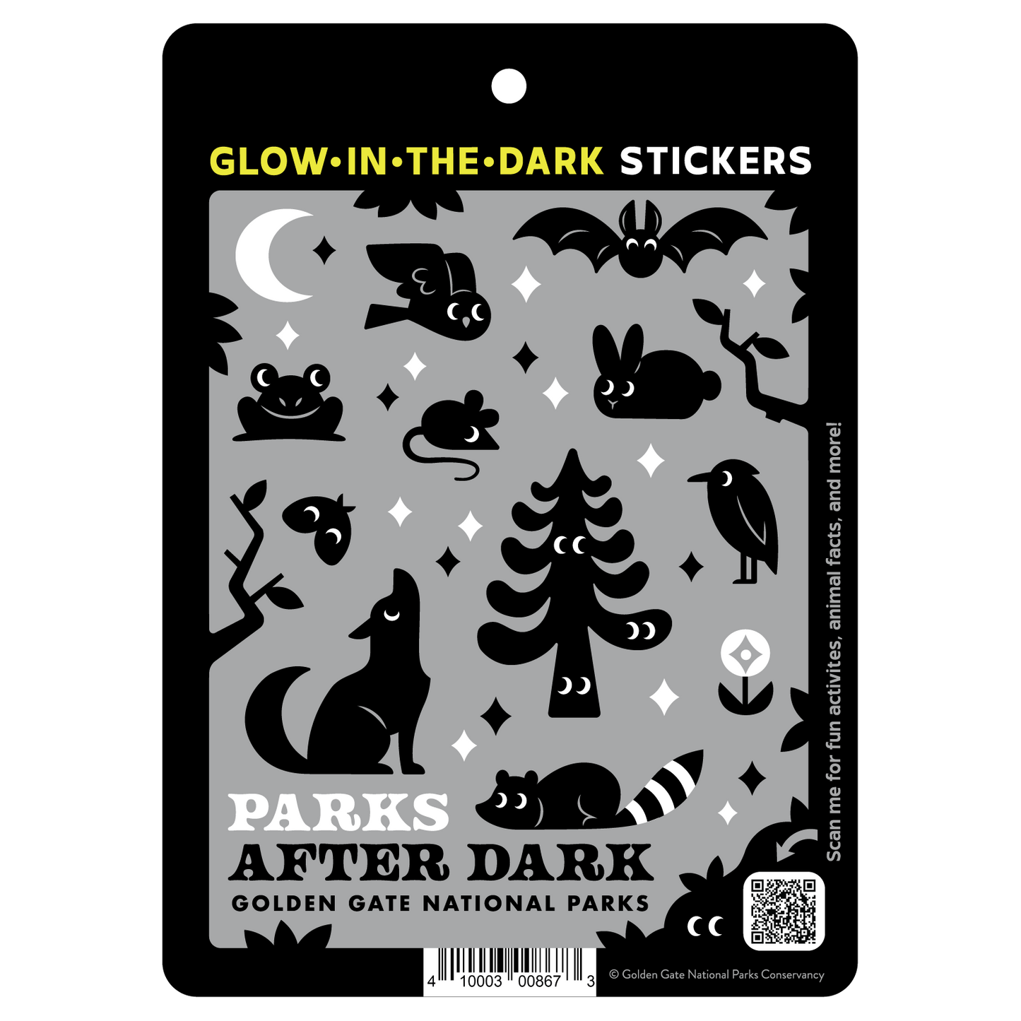 Glow in the dark Parks After Dark sticker set with cute nighttime animals.