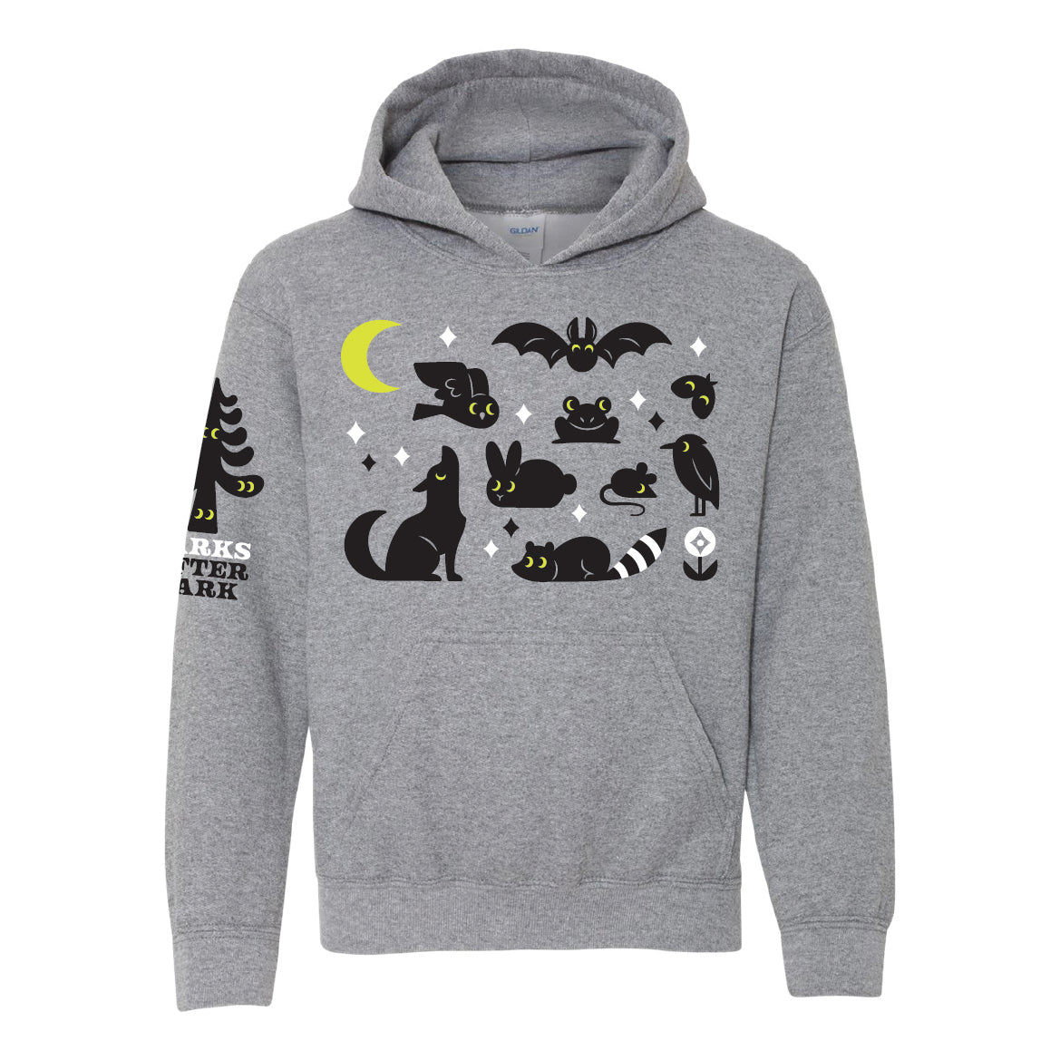 Parks After Dark kids sweatshirt, black and white screen-print design on heather gray hoodie, with glow-in-the-dark yellow accents.