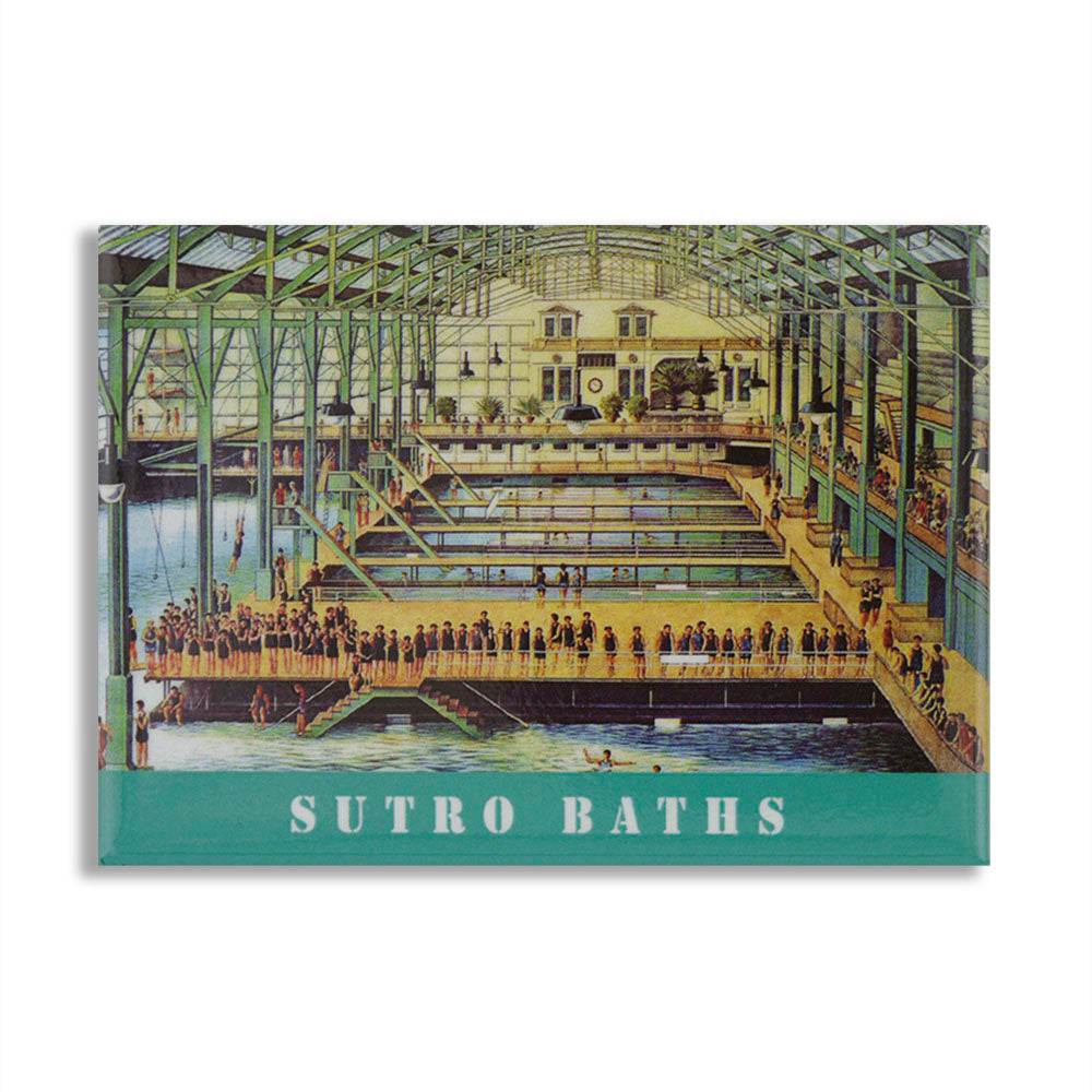 Rectangular acrylic refrigerator magnet featuring colorful vintage lithograph of historic Sutro Baths indoor swimming pool