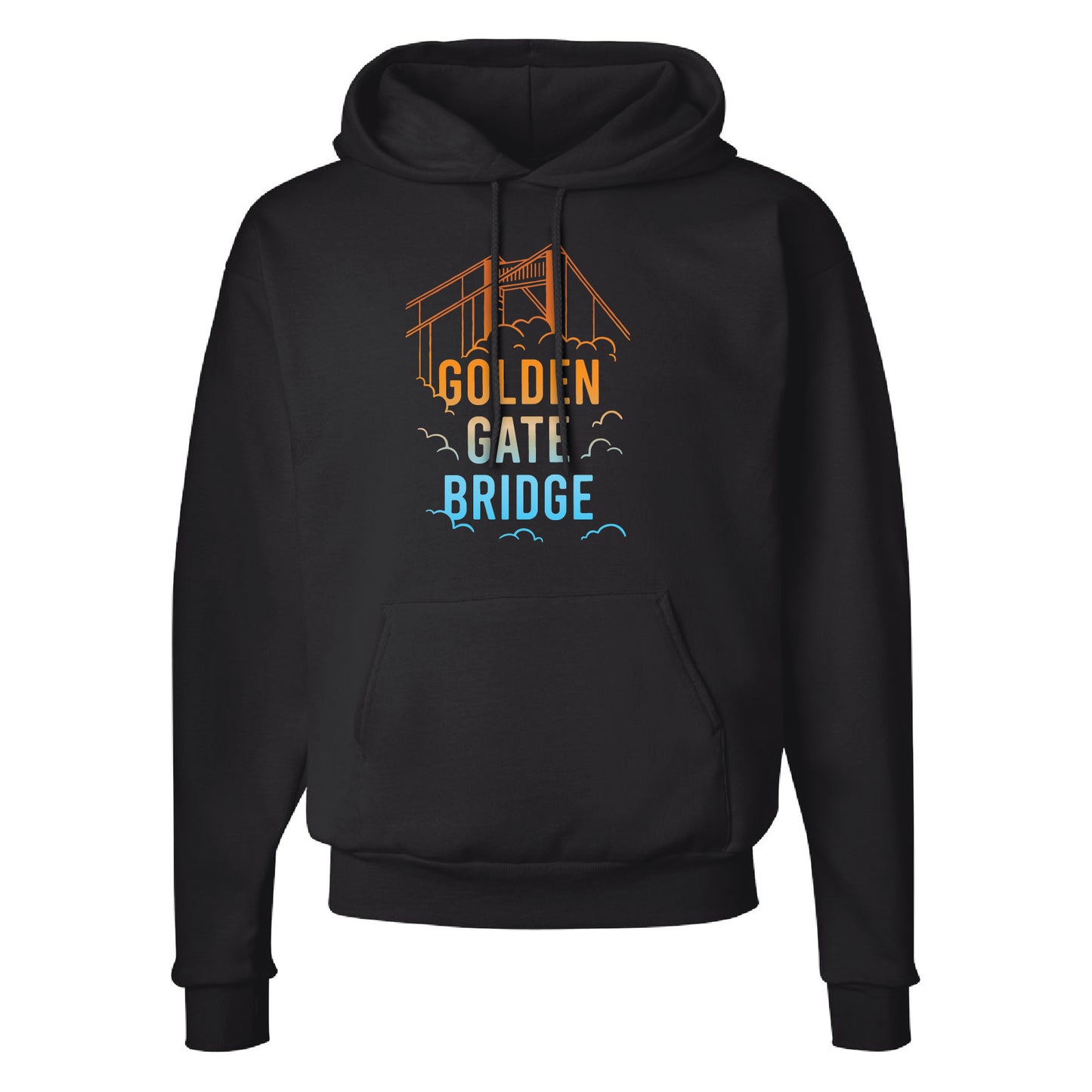 Black sweatshirt with colorful gradient design on chest, Golden Gate Bridge text with foggy bridge design
