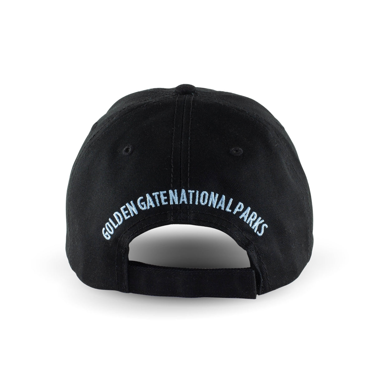 Black baseball cap with colorful embroidered design of Lands End in San Francisco on front panels. Artwork by Michael Schwab.