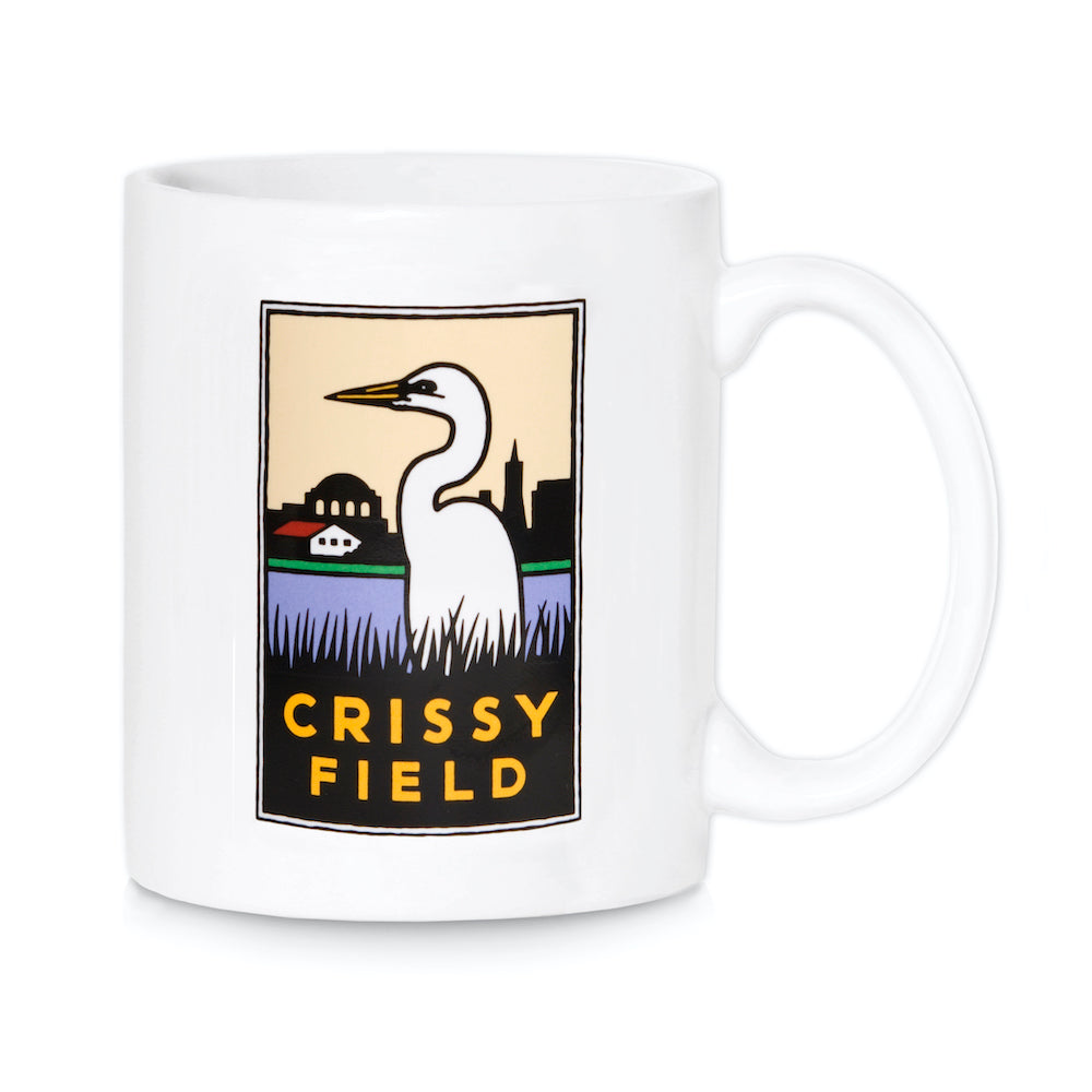 White Crissy Field mug featuring art by San Francisco Bay Area designer Michael Schwab, colorful illustration of bird in front of marsh and Palace of Fine Arts.