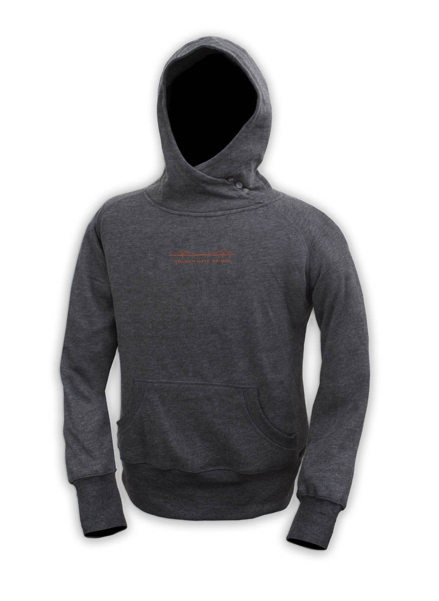 Grey hoodie with asymmetrical buttoned collar and orange Golden Gate Bridge design detail on chest.