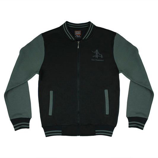 Black varsity style San Francisco jacket with grey sleeves, by the Golden Gate National Parks Conservancy