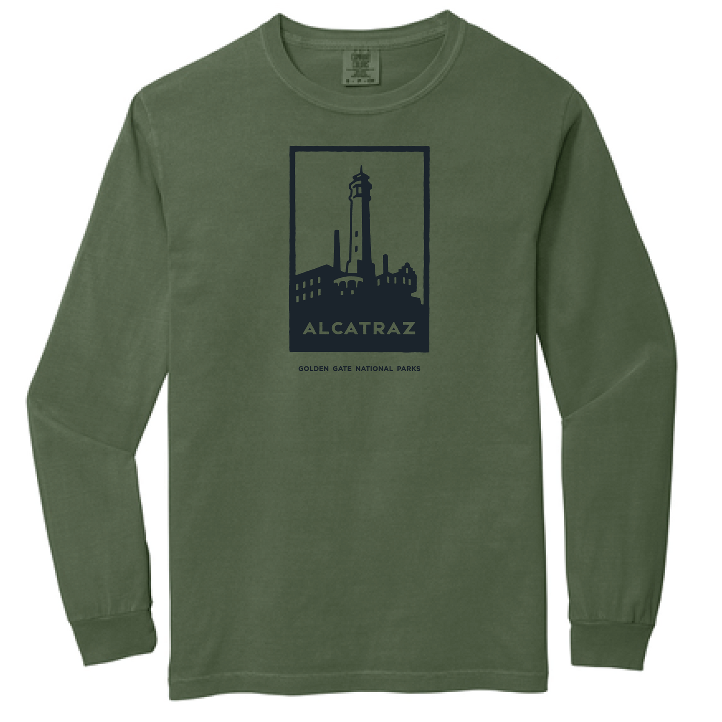 Olive army green long sleeve crew neck t-shirt with black screen-printed design of Alcatraz lighthouse on chest; art by Michael Schwab