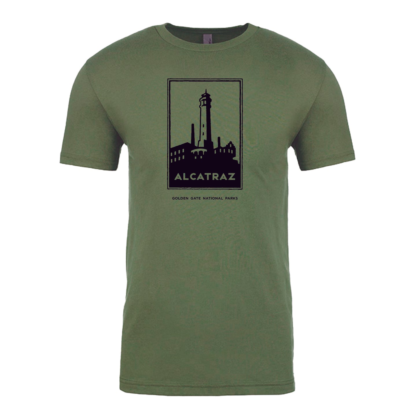 Olive green t-shirt with black screen-printed Alcatraz design on chest, art by Michael Schwab