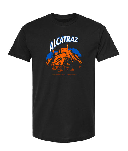 Black t-shirt with colorful glow-in-the-dark screen-printed Alcatraz at night design on chest, made by the Golden Gate National Parks Conservancy