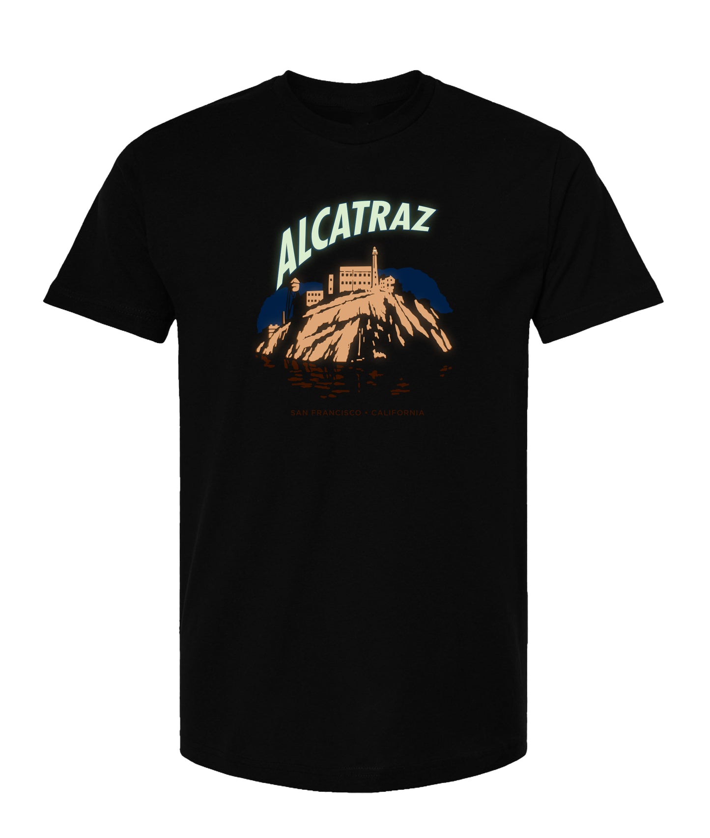 Black t-shirt with colorful glow-in-the-dark screen-printed Alcatraz at night design on chest, made by the Golden Gate National Parks Conservancy