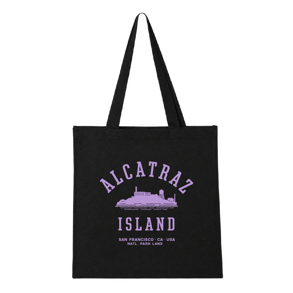 Black tote bag with purple Alcatraz Island design and screenprint, limited edition by the Golden Gate National Parks Conservancy.