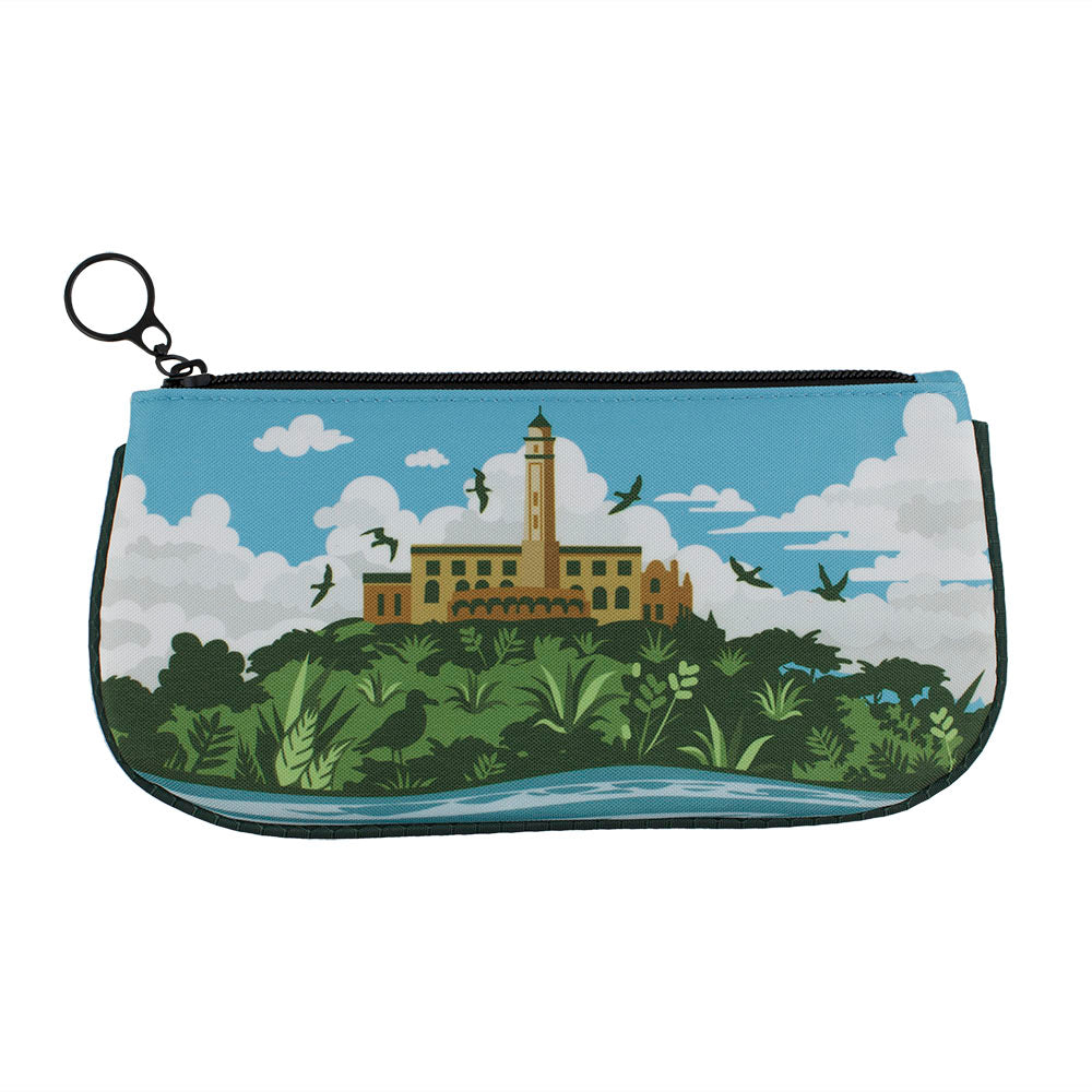 Pouch with Alcatraz Island lighthouse design with trees and birds, against a blue sky.