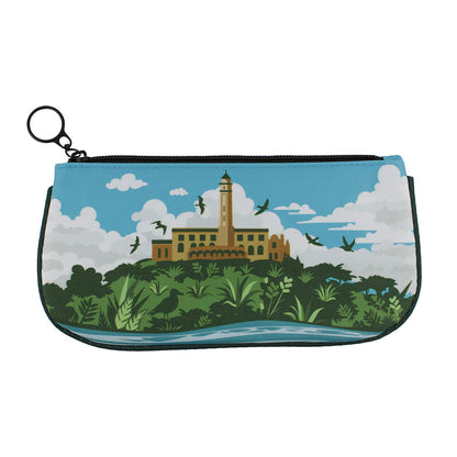 Pouch with Alcatraz Island lighthouse design with trees and birds, against a blue sky.