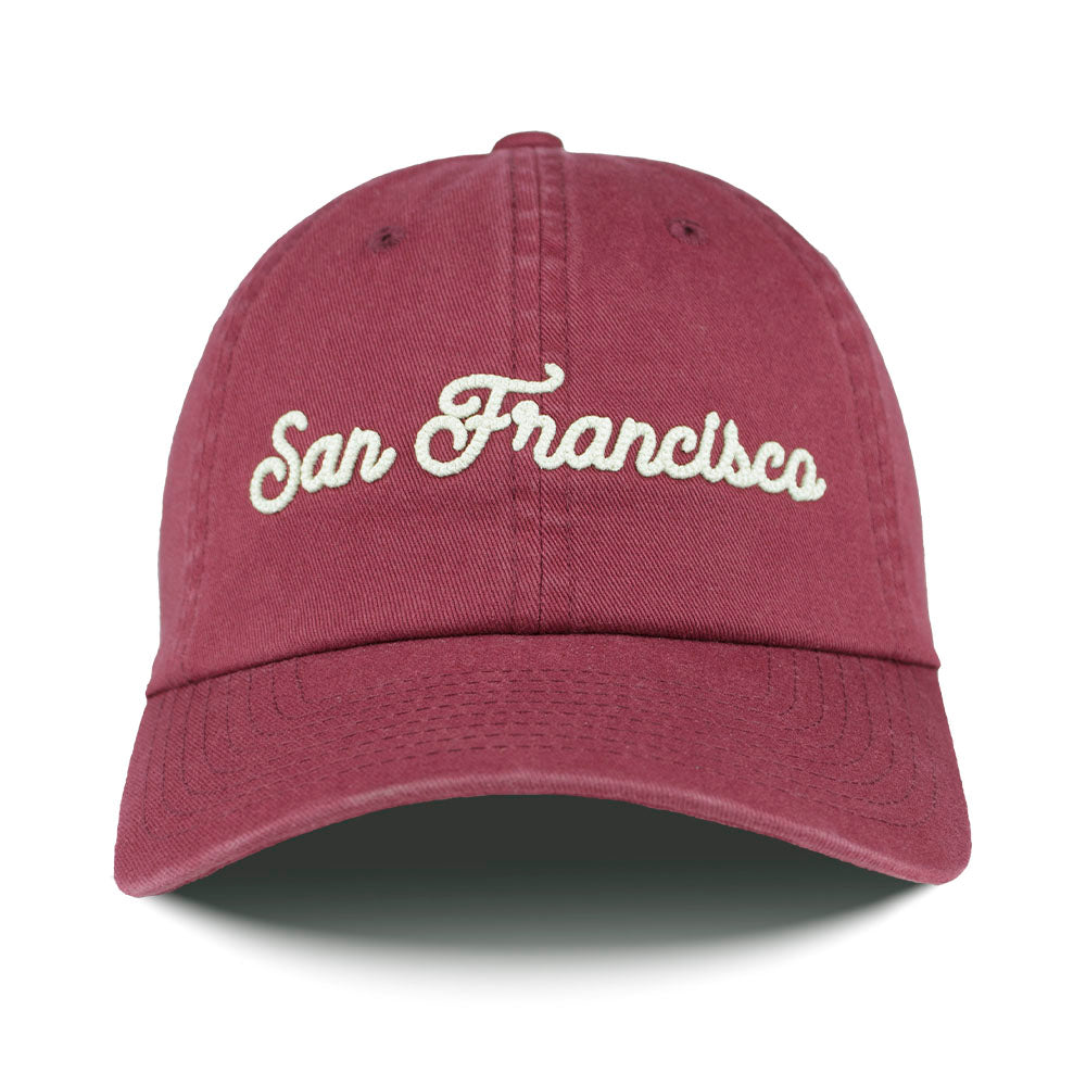 Maroon cap with 'San Francisco' script on a white background