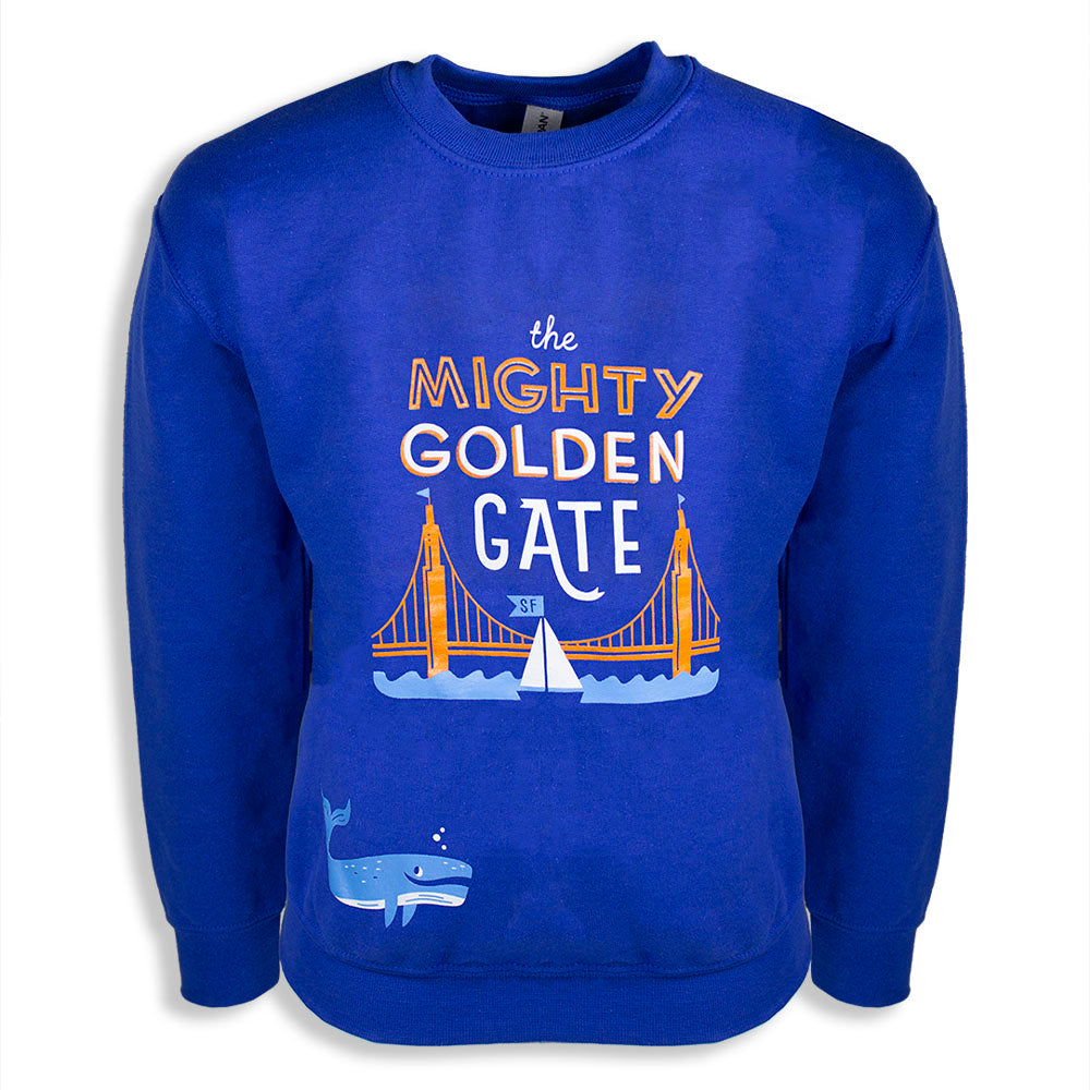 Blue-purple kids sweatshirt with colorful screen-printed design on chest of the Mighty Golden Gate illustration with whale and bridge and saillboat