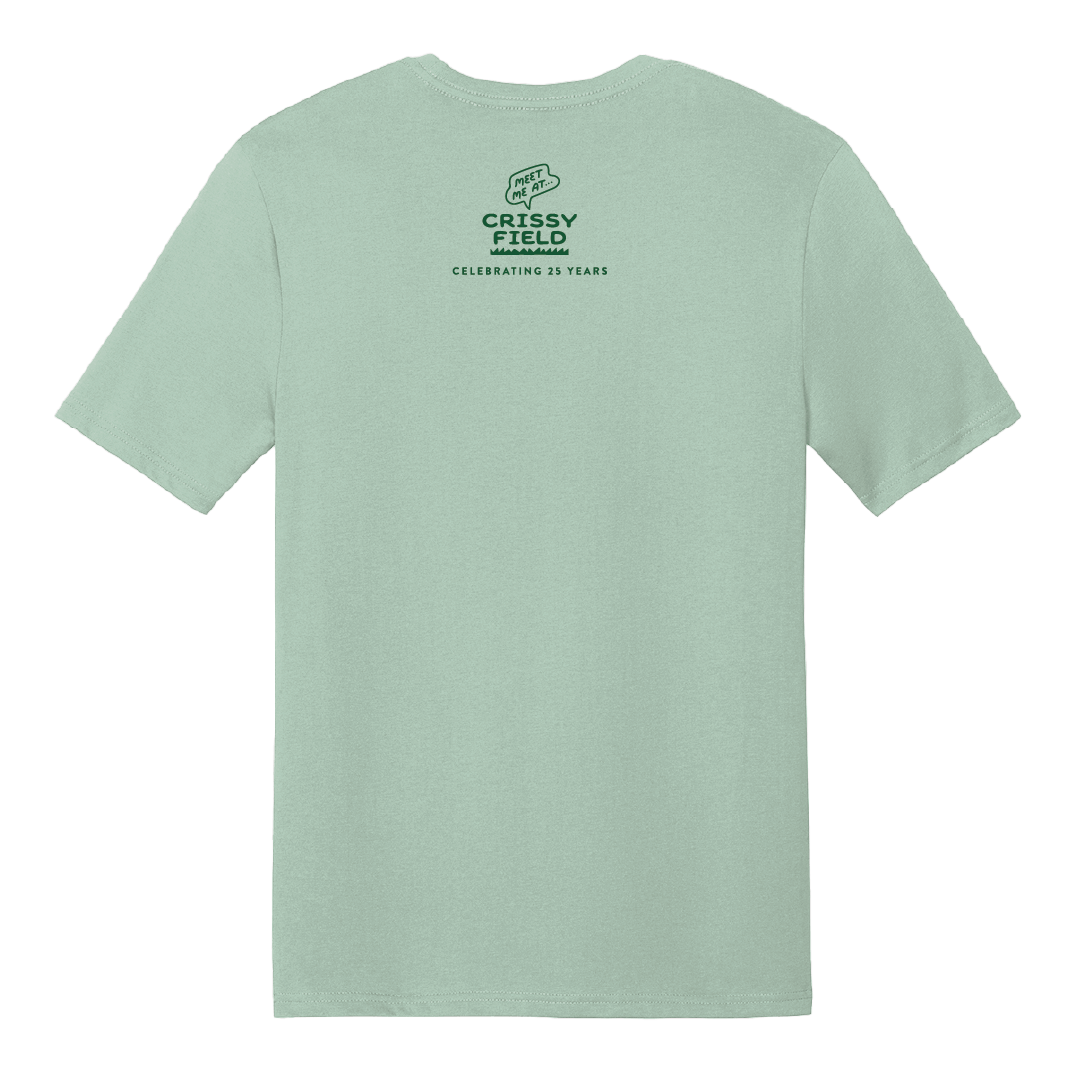 Light green t-shirt with screen-printed illustrations of Crissy Field Celebrating 25 Years Anniversary by Golden Gate National Parks Conservancy