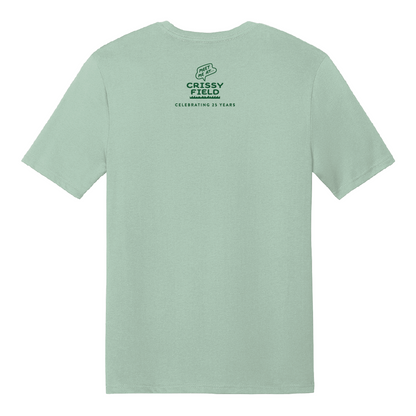 Light green t-shirt with screen-printed illustrations of Crissy Field Celebrating 25 Years Anniversary by Golden Gate National Parks Conservancy
