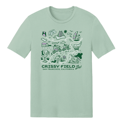 Light green t-shirt with screen-printed illustrations of Crissy Field Celebrating 25 Years Anniversary by Golden Gate National Parks Conservancy