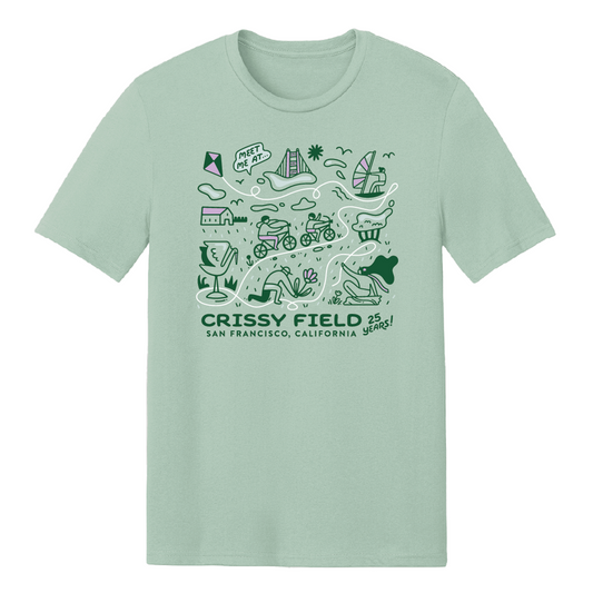 Light green t-shirt with screen-printed illustrations of Crissy Field Celebrating 25 Years Anniversary by Golden Gate National Parks Conservancy