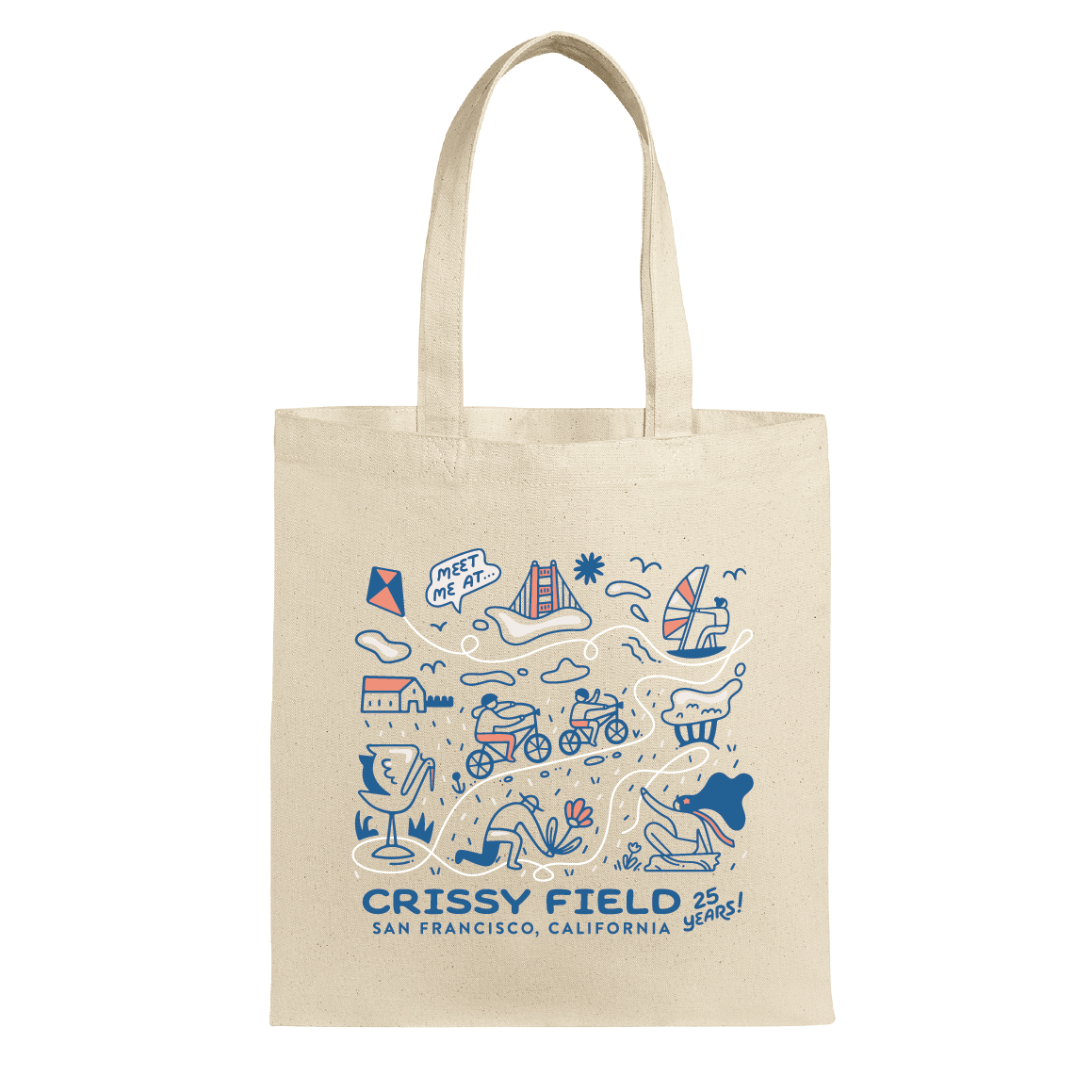 Canvas tote bag with screen-printed illustrations of Crissy Field Celebrating 25 Years Anniversary by Golden Gate National Parks Conservancy