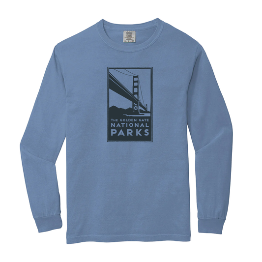 Blue long-sleeve shirt with Golden Gate National Parks graphic on a white background