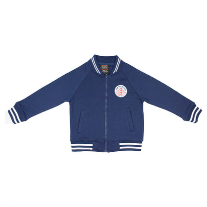 Blue kids varsity jacket with San Francisco Golden Gate Bridge logo on the chest against a white background