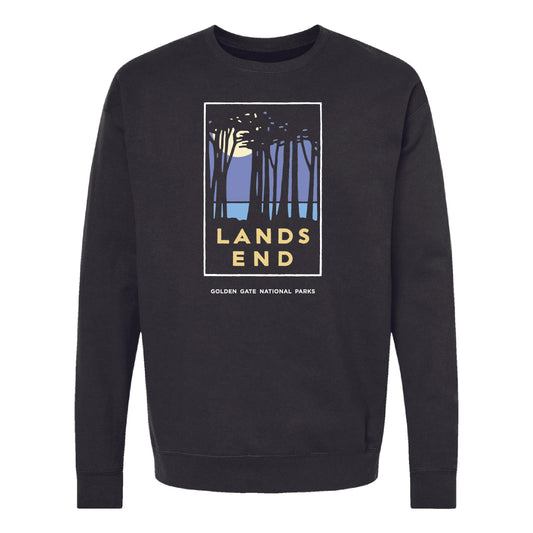 Black crewneck sweatshirt with colorful screen printed design of Lands End San Francisco on chest, art by Michael Schwab