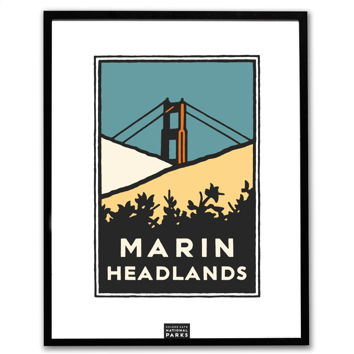 Marin Headlands giclee poster in black frame, art by Michael Schwab, the Golden Gate National Parks Conservancy