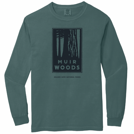 Dark green long sleeve t-shirt with black screen printed Muir Woods art by Michael Schwab