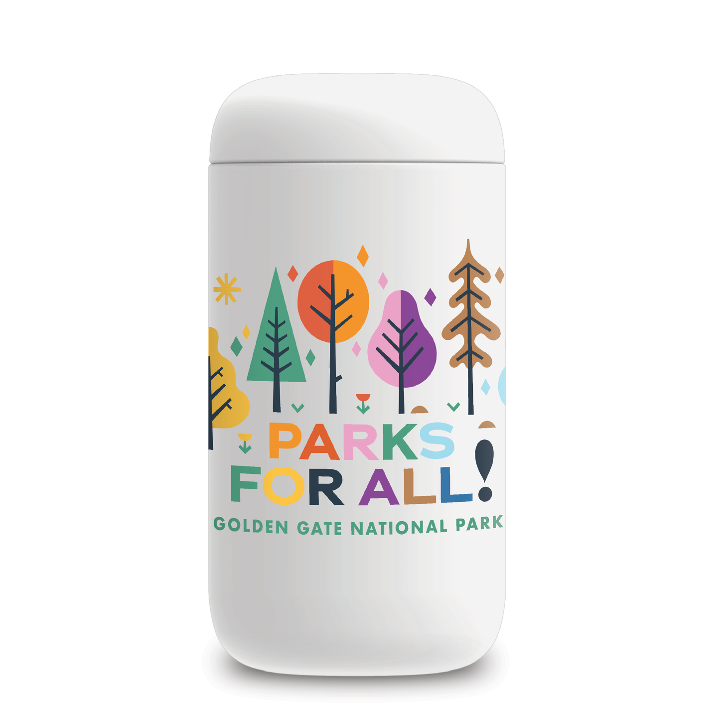 White travel mug by Fellow with multicolor printed Parks for All design by the Golden Gate National Parks Conservancy