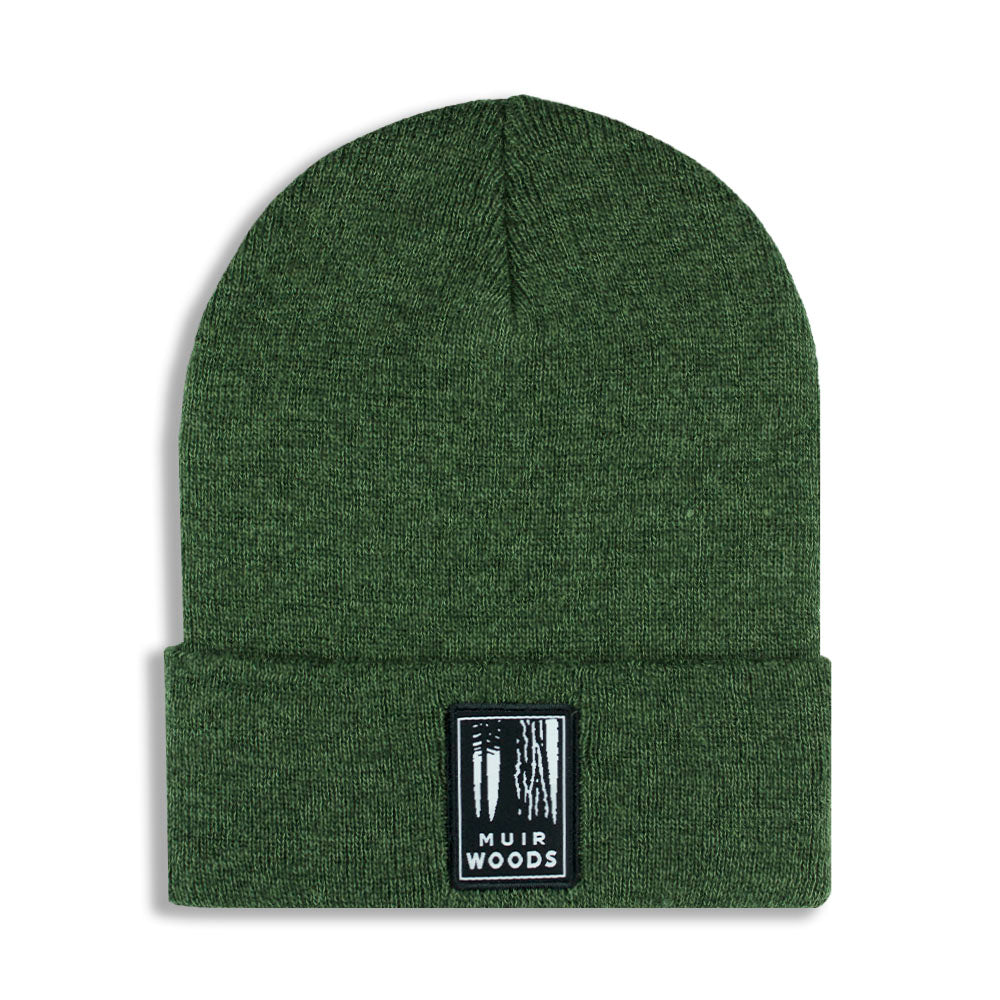 Green beanie with a Muir Woods logo