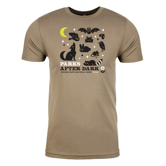Parks After Dark adult unisex t-shirt, black and white screen-print design on tan brown tee, with glow-in-the-dark yellow accents.