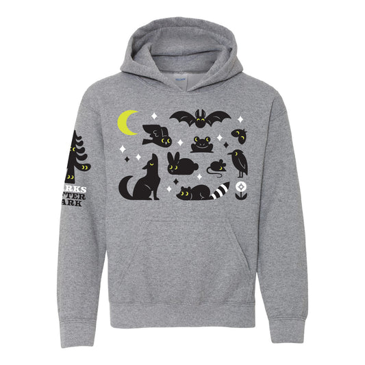 Parks After Dark kids sweatshirt, black and white screen-print design on heather gray hoodie, with glow-in-the-dark yellow accents.