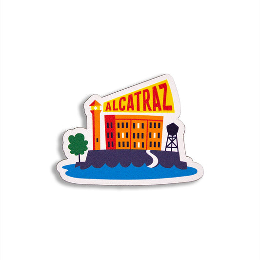 Cutout magnet with illustrated image of Alcatraz Island with lighthouse