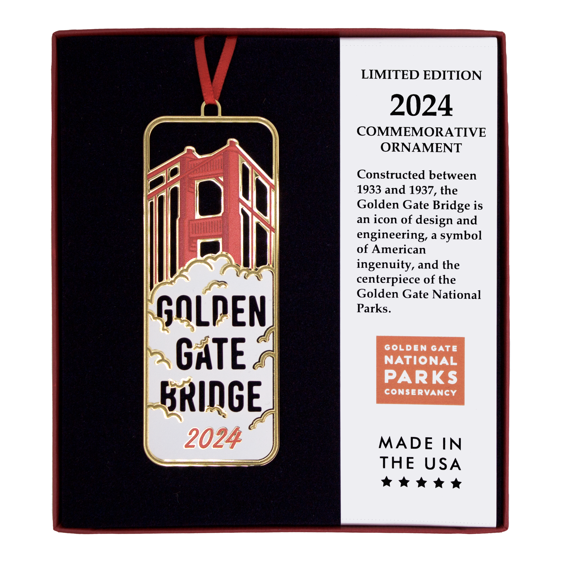 Limited edition 2024 commemorative Golden Gate Bridge ornament by the Golden Gate National Parks Conservancy