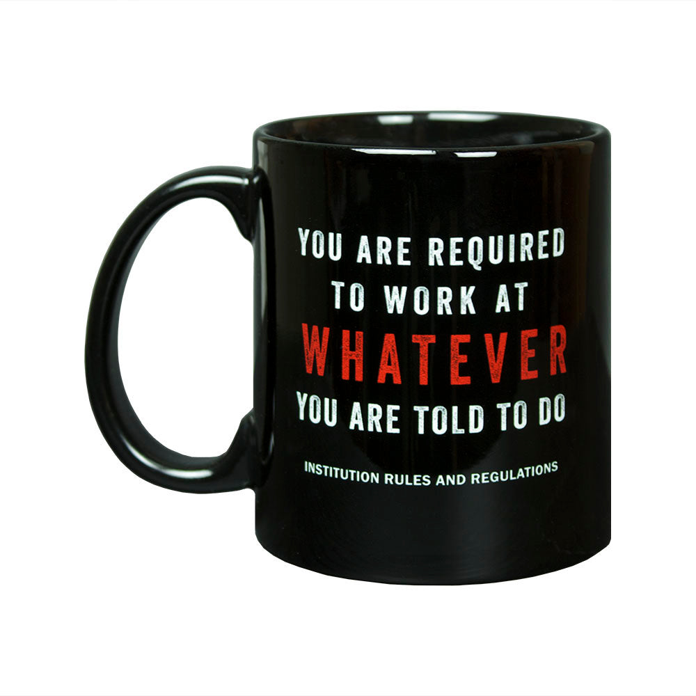 Black mug with red and white Alcatraz Regulation 21 text You are required to work...