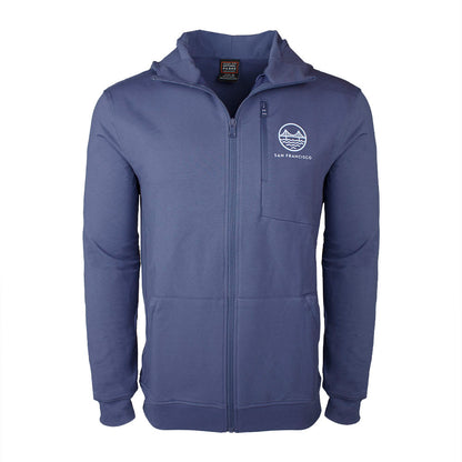 Blue hoodie with San Francisco Golden Gate Bridge logo on a white background