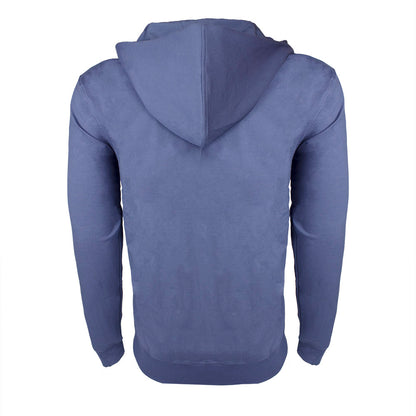 Blue hoodie shown from the back on a white background