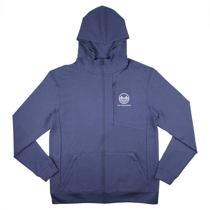 Blue hoodie with San Francisco Golden Gate Bridge logo on a white background