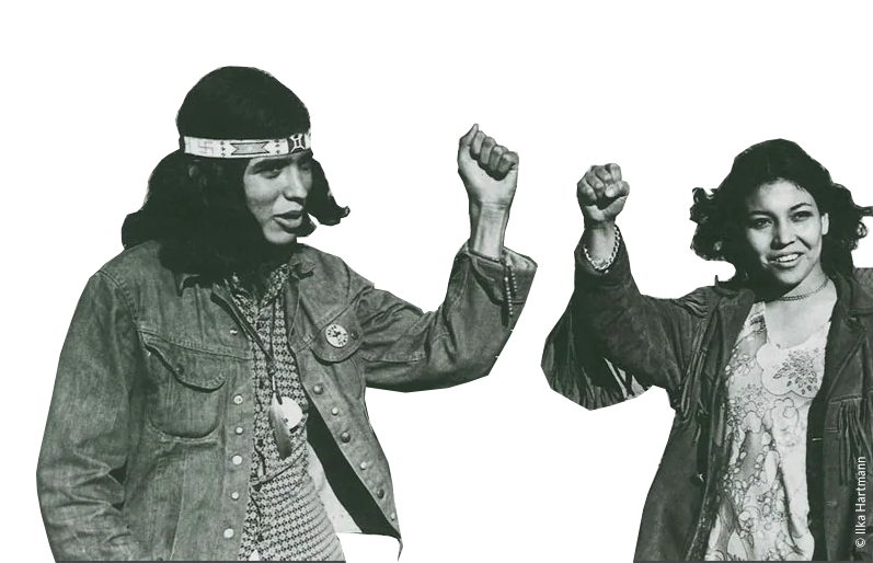 Two Alcatraz Indians of All Tribes activists raising fists, image copyright Ilka Hartmann