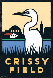 Rectangular Crissy Field logo featuring illustration of egret in shoreline marsh, with San Francisco skyline in the background. Art by Michael Schwab.