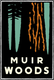 Rectangular Muir Woods logo, art by Michael Schwab.