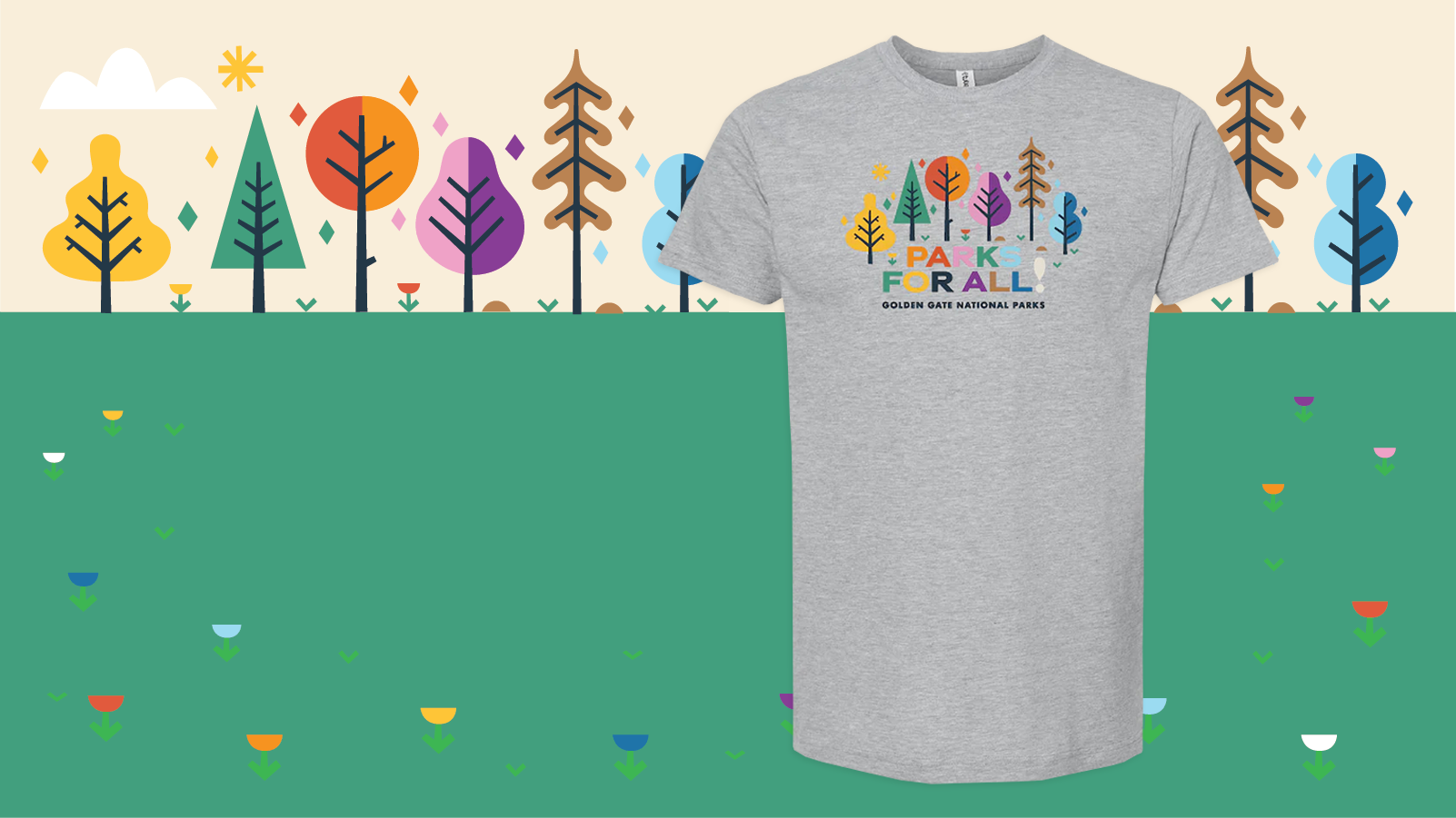 Colorful banner with illustration of plants and grass and flowers, with Parks for All! grey t-shirt with multicolor screen printed design by the Golden Gate National Parks Conservancy