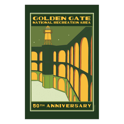 Colorful 11 x 17 commemorative 50th anniversary poster for Golden Gate National Recreation Area with illustration of Fort Point