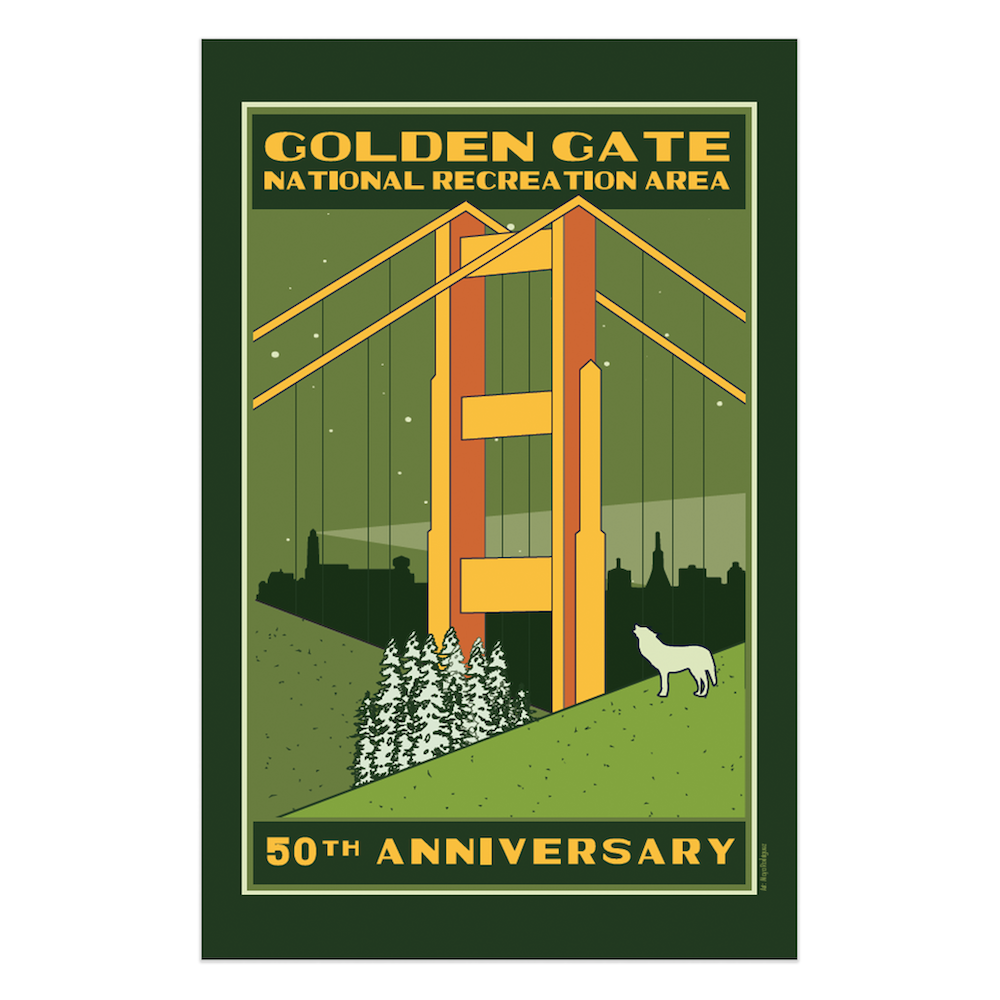 Colorful 11 x 17 commemorative 50th anniversary poster for Golden Gate National Recreation Area with illustration of Golden Gate Bridge with San Francisco in background